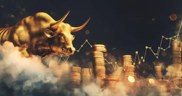雲の中の黄金の雄牛とビットコインのコインイラストのビットコインブルマーケットコンセプト ストック画像
