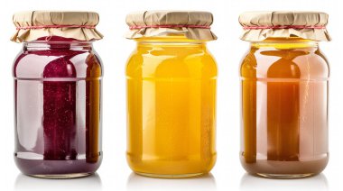 Beyaz teneke kavanozlarda ev yapımı reçel.