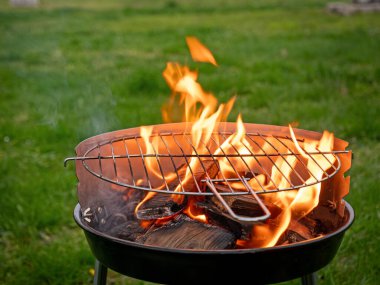 Bahçe bahçesinde barbekü ocağı olan yaz partisi.