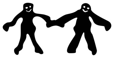 İki fantastik karikatür soyut insan, erkek ve kadın resimleri, el ele tutuşuyorlar. Mizah, Cadılar Bayramı. Siyah ve beyaz. Vektör grafikleri