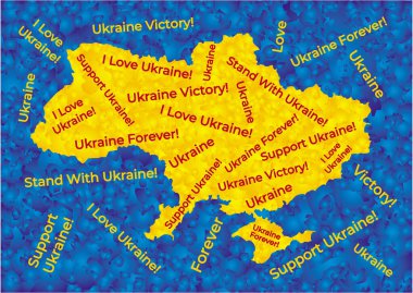 Map of Ukraine yellow outline on a blue background. Positive and life-affirming slogans. Vector graphics.