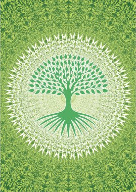 Açılmış bir arka planda yaşam ağacı, kutsal, ekolojik sembolle birlikte. Hayatın ve doğanın sembolü. Vektör grafikleri.