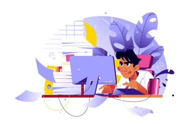 Dizüstü bilgisayar vektör illüstrasyonuyla çalışan adam. Çevrimiçi uzaktan kumandalı düz konseptte serbest çalışan bir işçi. Evde internet üzerinden çalışan serbest çalışan biri.