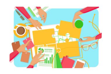 Beyin Fırtınası Takımı, vektör çizimi. Çeşitli eller proje, takım çalışması ve yaratıcılık üzerinde işbirliği yapıyor.