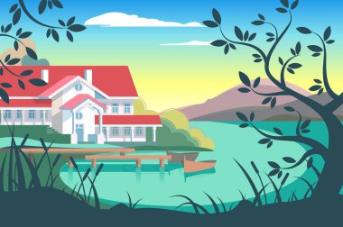 Lakeside Country House Retreat, vektör illüstrasyon. Huzurlu bir deniz kenarındaki evi gösteriyor..