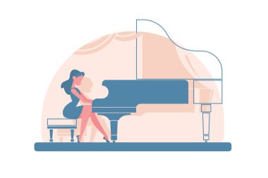 Sahnedeki Piyano Performansı, vektör çizimi. Müzikal ahenk, piyano çalan kadın.
