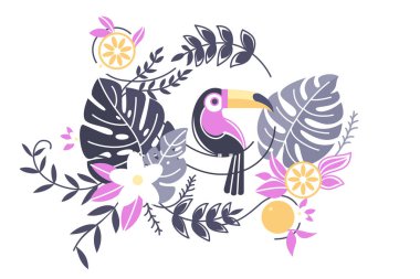 Çiçeklerin Arasındaki Tropikal Kuş, vektör çizimi. Vahşi yaşam ve doğanın canlı bir tasviri..