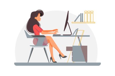 Bilgisayar üzerinde çalışan kadın, vektör çizimi. Ofis verimliliği, odaklı çalışan.