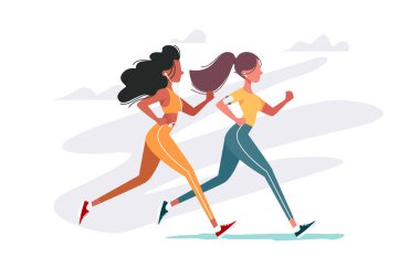 Birlikte koşan kadınlar. Spor ve sağlık için açık havada koşan iki kadının vektör çizimi.