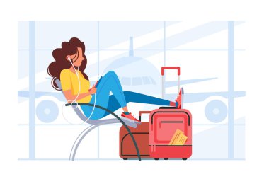 Havaalanında bekleyen bir kadın. Kulaklık, bavul ve havaalanı sahibi kadın. Vektör illüstrasyonu.