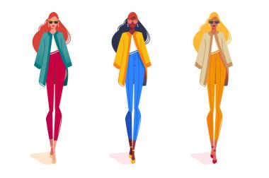 Modaya uygun kadınlar güvenli bir şekilde yürüyor. Moda kıyafetleri içinde kendine güvenen şık kadınları gösteren vektör illüstrasyonu.