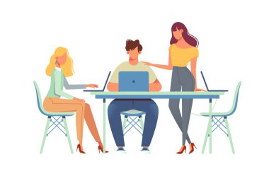 Ofis Takım Toplantısı. Bir masada işbirliği yapan, tartışma ve takım çalışması yapan üç meslektaşın vektör illüstrasyonu.