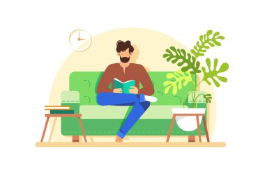 Adam kitap okuyor. Oturma odasındaki karakterin vektör çizimi, koltukta oturmak, kitapla rahatlamak..