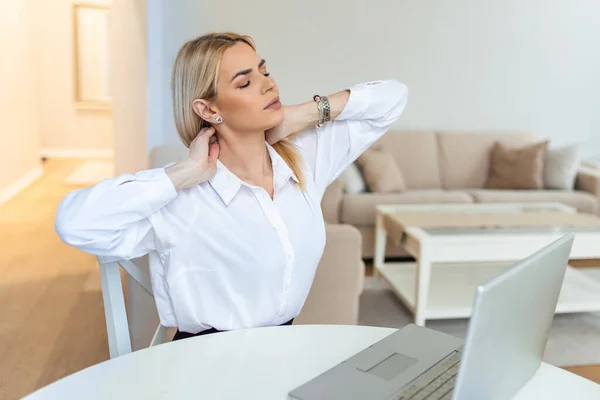 Businesswoman Feeling Pain Neck Sitting Table Laptop Tired Female Suffering — Stock Photo, Image