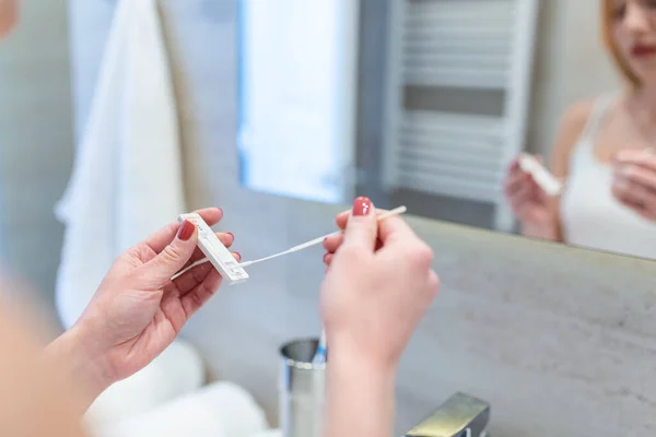 Young Woman Taking Self Swabbing Home Tests Covid Home Antigen —  Fotos de Stock