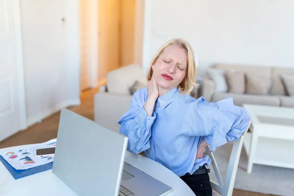 Portrait Young Stressed Woman Sitting Home Office Desk Front Laptop — Foto de Stock