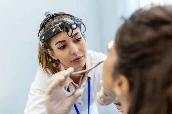 Ent Clinic Professional Female Doctor Otorhinolaryngologist Doing Nose Examination Nasal — Stock Photo, Image