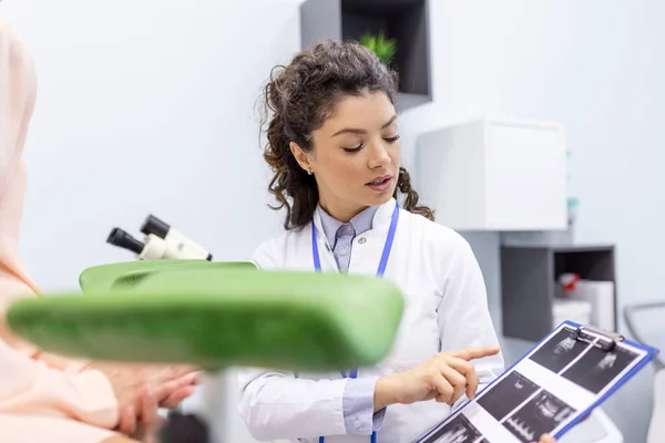 Gynecologist Showing Picture Ultrasound Young Woman Patient Explaining Features Women — Stock Photo, Image