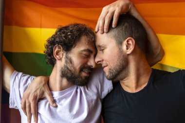 Arka planda lgbtq bayrağı taşıyan tutkulu eşcinsel çift. Genç eşcinsel çift evde sevgiyle kaynaşıyor..