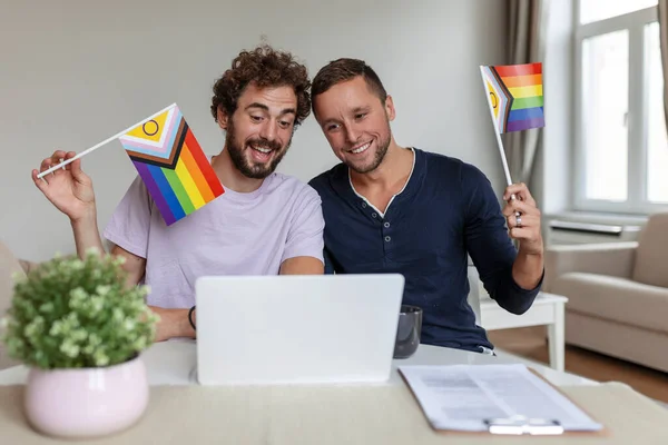 Male Lovers Video Calling Friends Living Room Home Young Gay — Stock Photo, Image