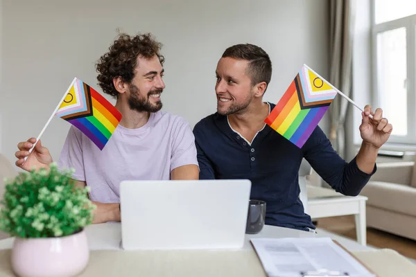 Male Lovers Video Calling Friends Living Room Home Young Gay — Stock Photo, Image