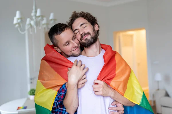 Affectionate Male Gay Couple Indoors Man Embracing His Boyfriend Home — Stock Photo, Image