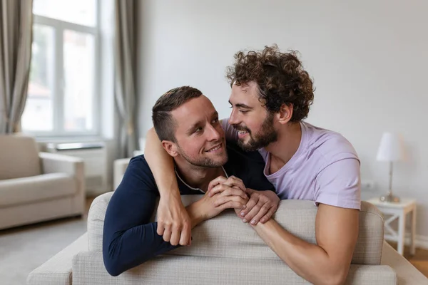 Happy Gay Couple Lying Bed Home Hugging Flirting Lgbt Gay — Stock Photo, Image