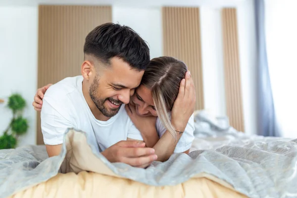 Smiling Couple Going Kiss Sleeping Sheets Morning Love Young Happy — Stockfoto