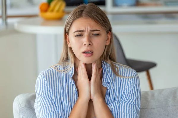 Close Young Woman Rubbing Her Inflamed Tonsils Tonsilitis Problem Cropped — Stockfoto