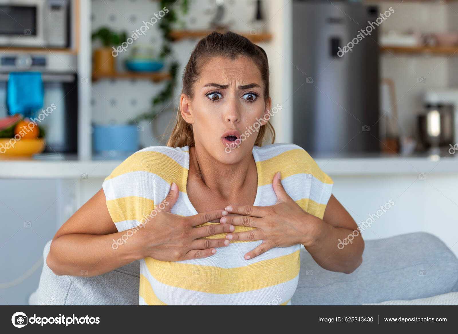 Stressed Young Woman Feeling Pain Touching Chest Suffer Heartache