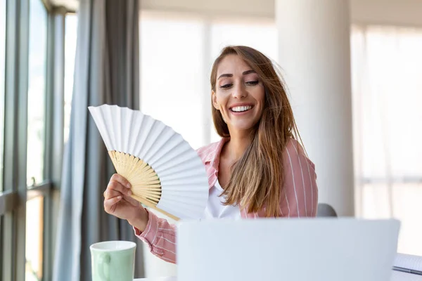 Tired Overheated Young Woman Hold Wave Fan Suffer Heat Sweating — Stock Photo, Image