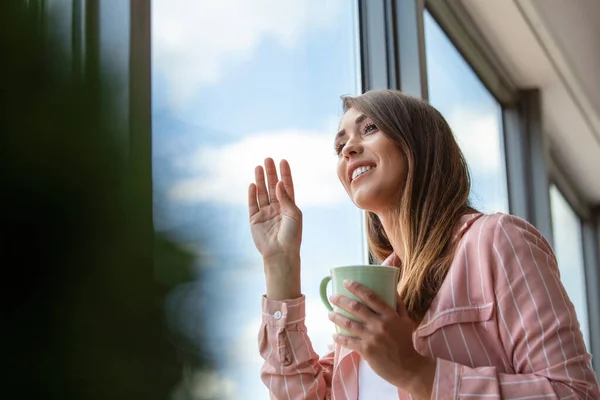 Attractive Businesswoman Drinking Coffee While Standing Window Office Overlooking City — Stock Photo, Image