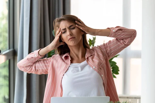 Exhausted Businesswoman Having Headache Her Office Overworked Businesswoman Experiencing Work — Stock Photo, Image