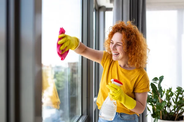 Housework Housekeeping Concept Happy Woman Gloves Cleaning Window Rag Cleanser — Fotografia de Stock