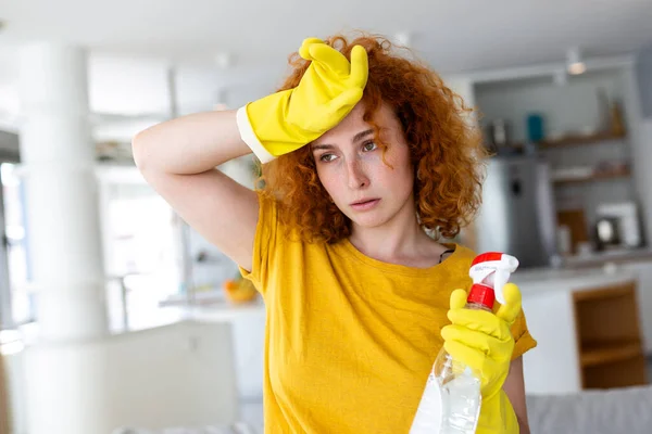 Portrait Young Tired Woman Rubber Gloves Resting Cleaning Apartment Home — Fotografia de Stock