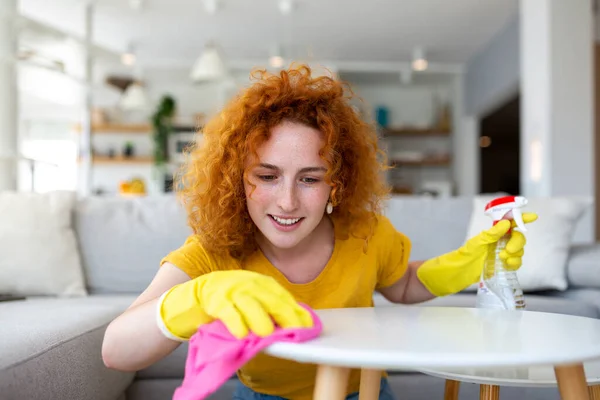 Beautiful Young Woman Cleaning House Girl Rubs Dust Smiling Woman — Stockfoto