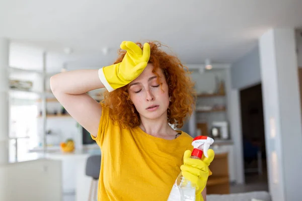 Portrait Young Tired Woman Rubber Gloves Resting Cleaning Apartment Home — Fotografia de Stock