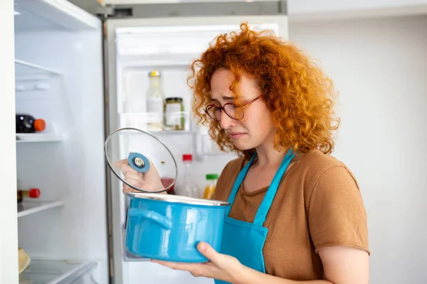 Bad Food Fridge Young Woman Holding Her Nose Because Bad — Stock Photo, Image