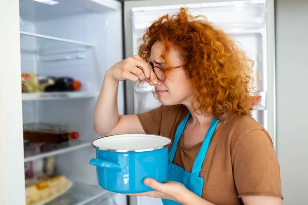 Bad Food Fridge Young Woman Holding Her Nose Because Bad — Foto Stock