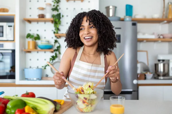 Close Photo Smiling Young Woman Makes Fresh Vegan Salad While — Stock Photo, Image