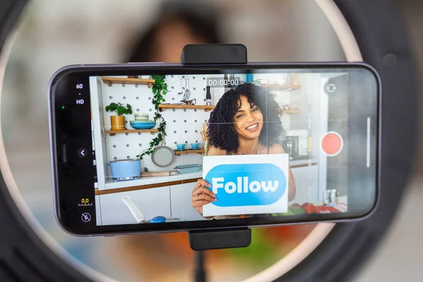 Happy African American Woman Vlogger Broadcasting Live Video Online While — Stock Photo, Image