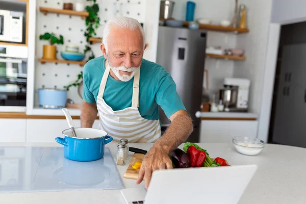 Happy Senior Man Having Fun Cooking Home Elderly Person Preparing — Stock Photo, Image
