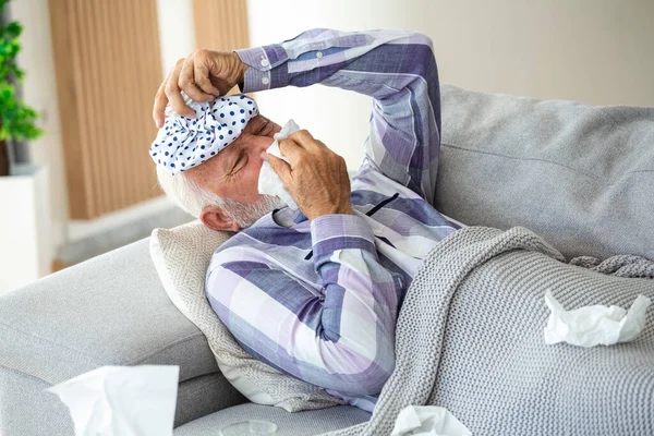 Mature Man Feeling Sick Cold Fever Home Ill Flu Disease — Stock Photo, Image