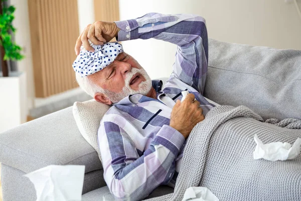 Mature Man Feeling Sick Cold Fever Home Ill Flu Disease — Stock Photo, Image