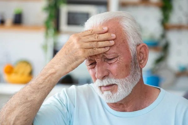 Tired Depressed Senior Man Sitting Couch Living Room Feeling Hurt — Stock Photo, Image
