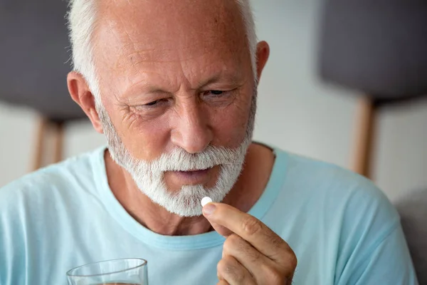 Senior Man Takes Pill Glass Water Hand Stressed Mature Man — Stock Photo, Image