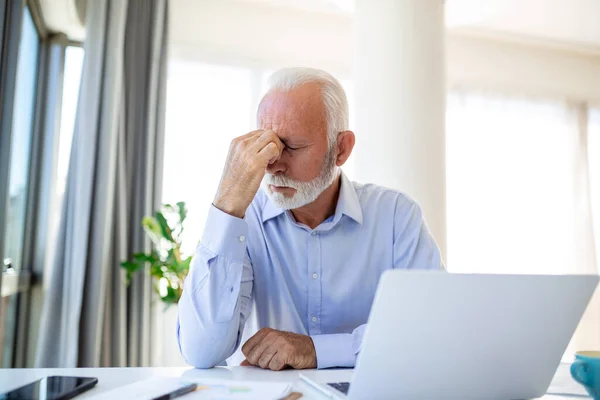 Stressed Mature Businessman Laptop Could Also Have Headache Sitting Boardroom — Stock Photo, Image