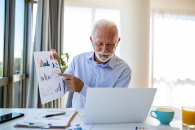 Odaklanmış kıdemli iş adamı çevrimiçi video görüşmesi grafiklerini ve grafiklerini sunuyor. Olgun bir iş adamı bilgisayarında müşterisiyle konferans görüşmesi yapıp işlerin nasıl yürüdüğünü anlatıyor.