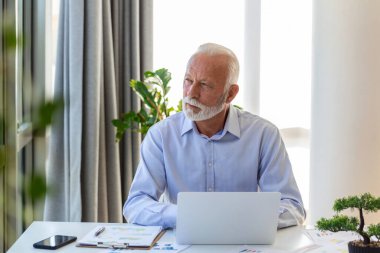 Finansal danışman iş adamı bilgisayarını kullanıyor ve masa başında çalışırken bazı evrak işleri yapıyor..