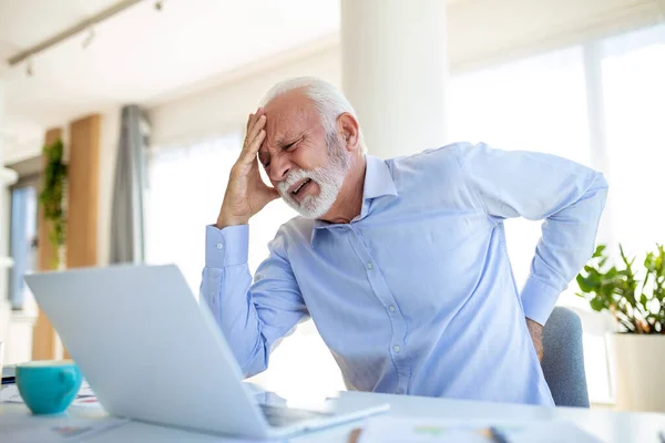 Senior Businessman Working Sitting Desk Suffers Lower Back Pain Damage — Stock Photo, Image